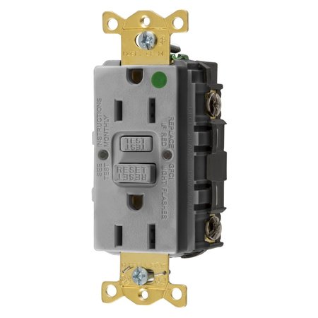 BRYANT GFCI Receptacle, Self Test, Hospital Grade, 15A 125V, 2-Pole 3-Wire Grounding, 5-15R, Gray GFST82GY
